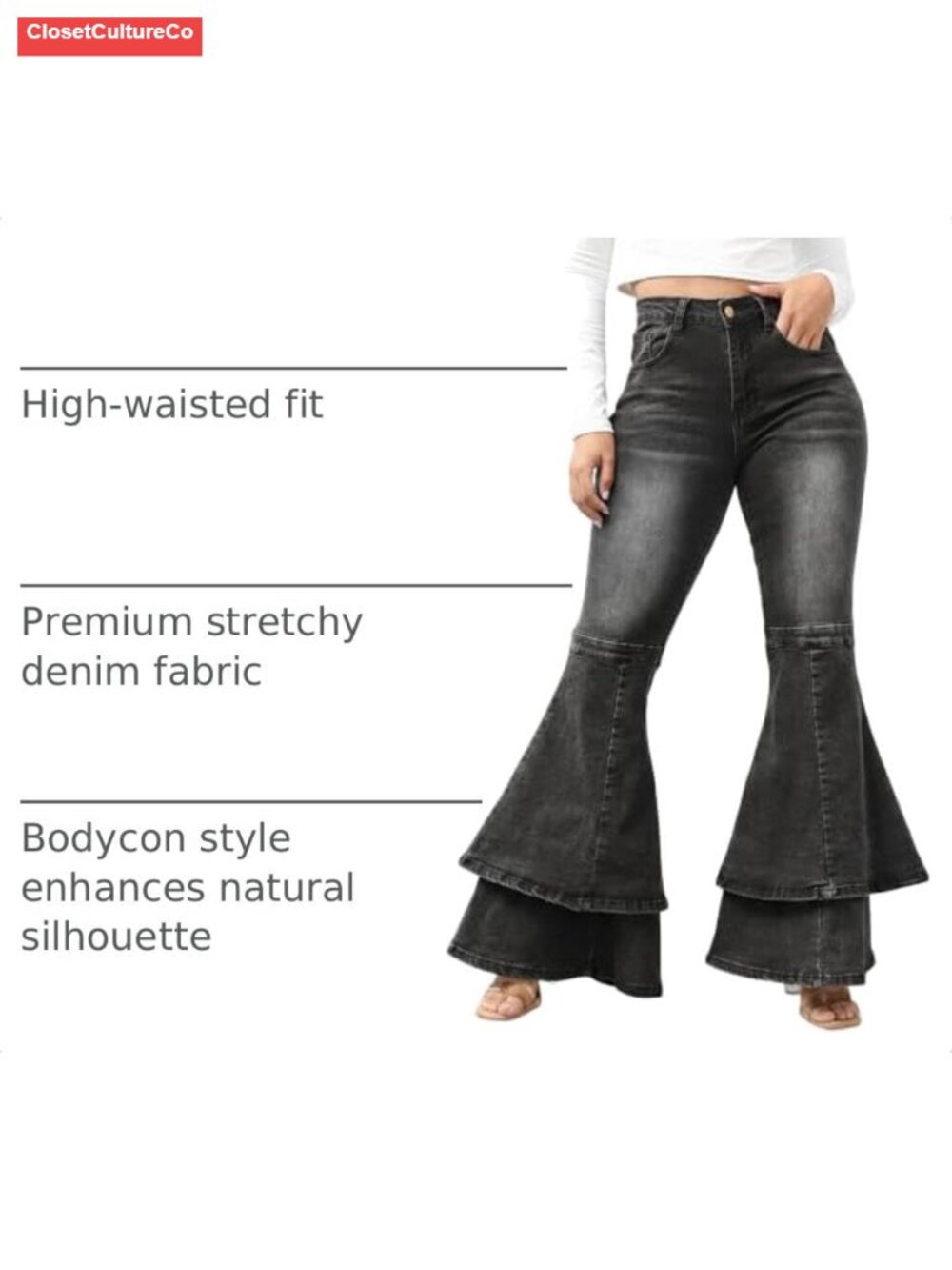 Women Bell Bottom Jeans Stretch Ruffle Layered Flared Bootcut High Rise - Picture 2 of 5